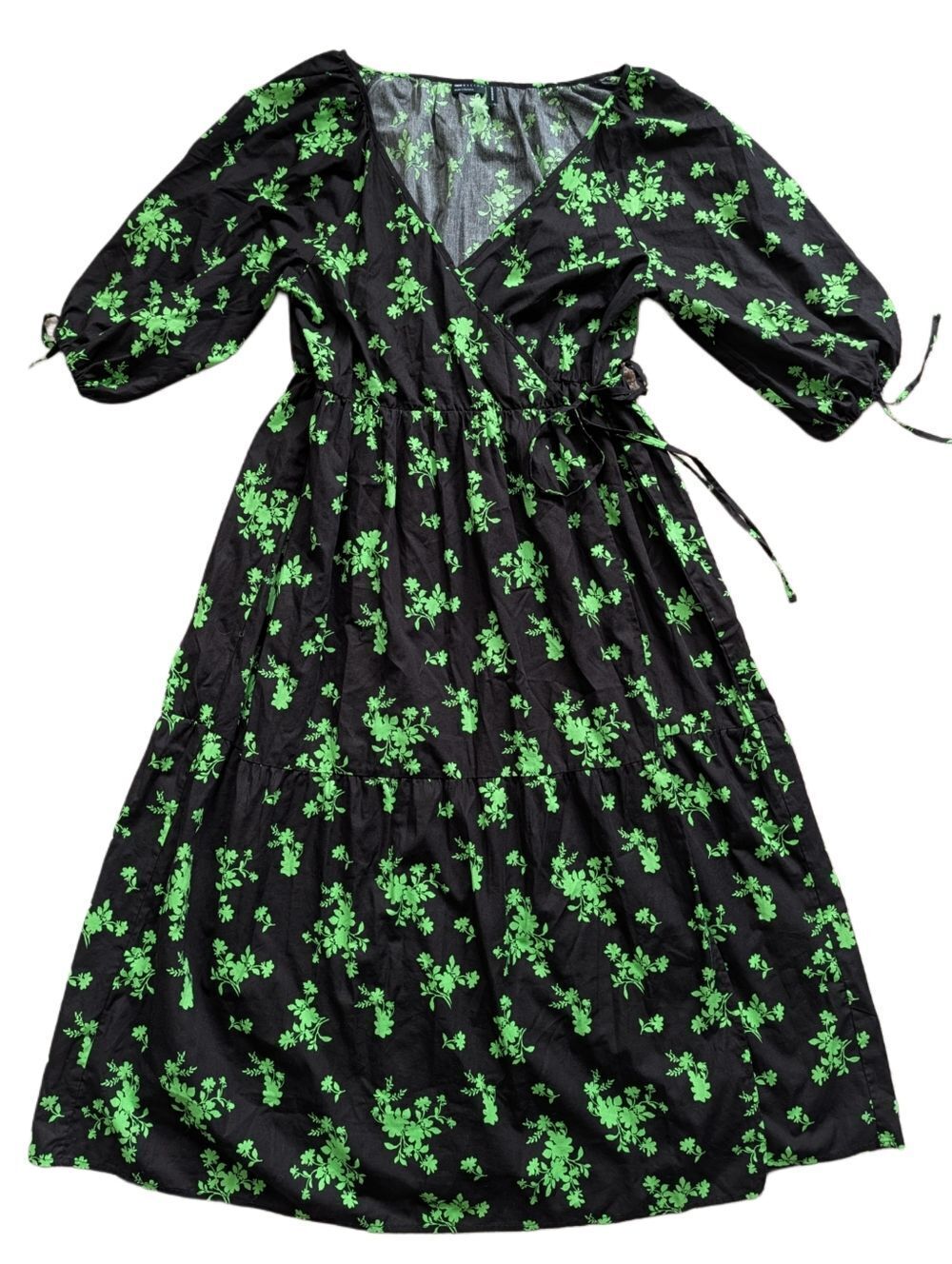 Asos Design Womens Black Green Floral Wrap Short Sleeve Midi Dress Size 8